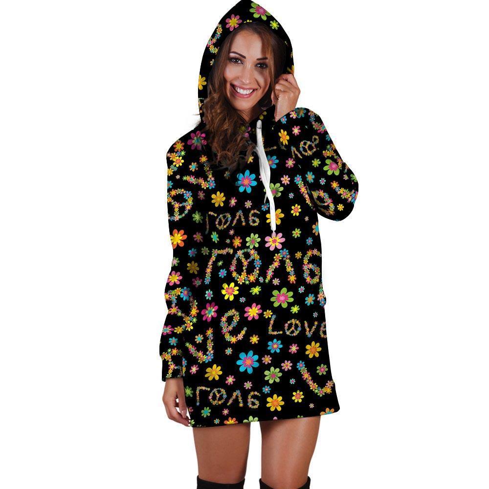 Hippie Love Floral Hoodie Dress-grizzshop