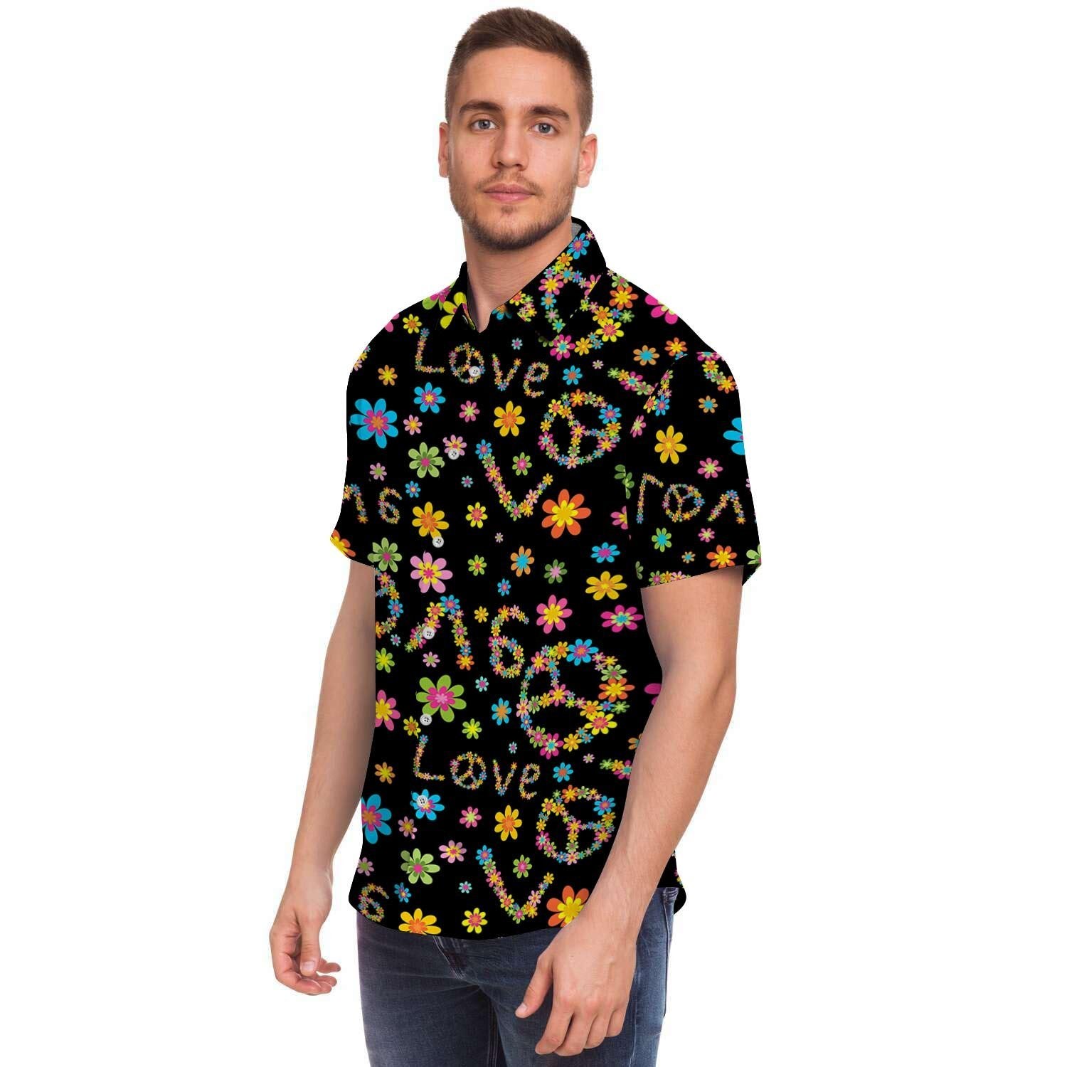 Hippie Love Floral Men's Short Sleeve Shirt-grizzshop