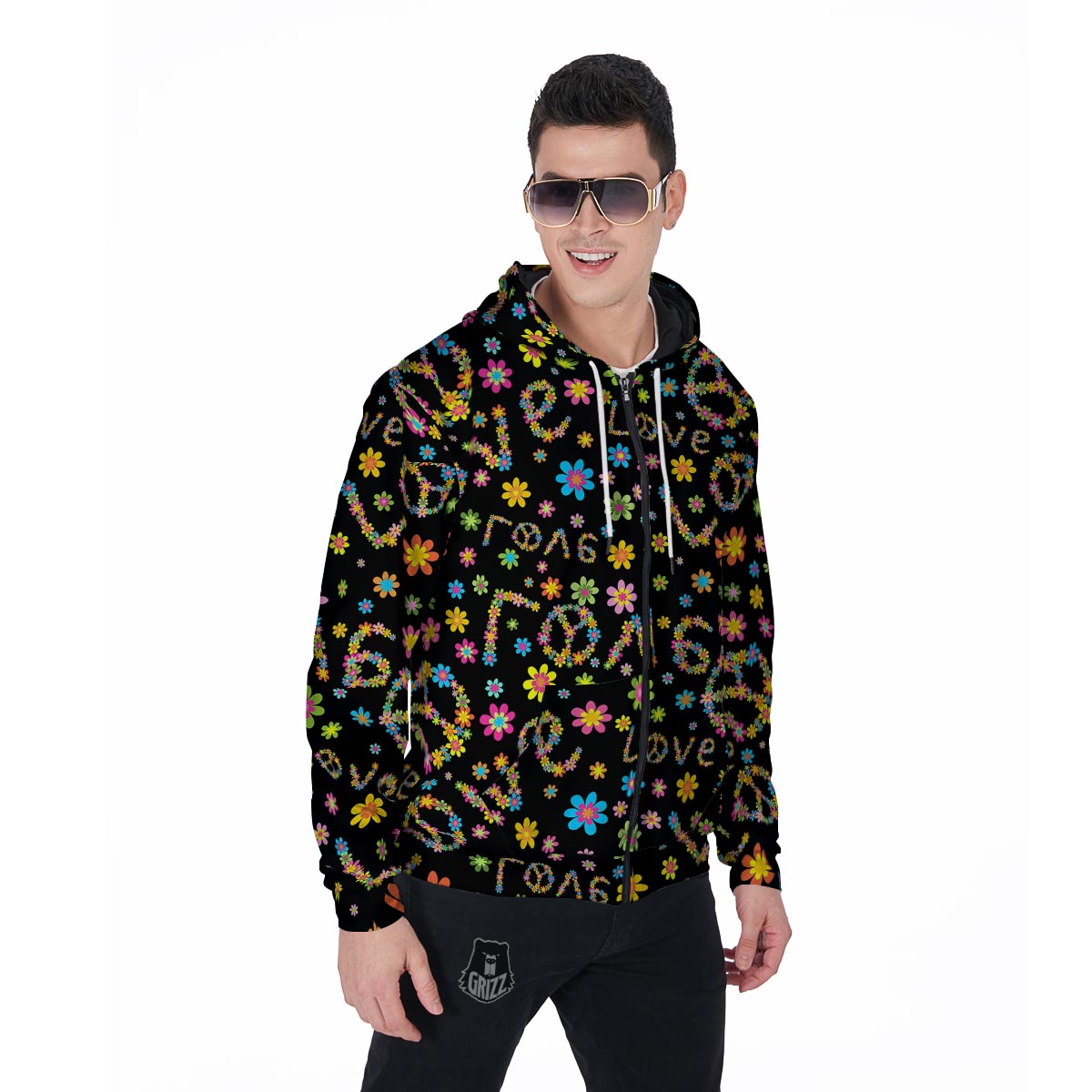 Hippie Love Floral Men's Zip Up Hoodie-grizzshop
