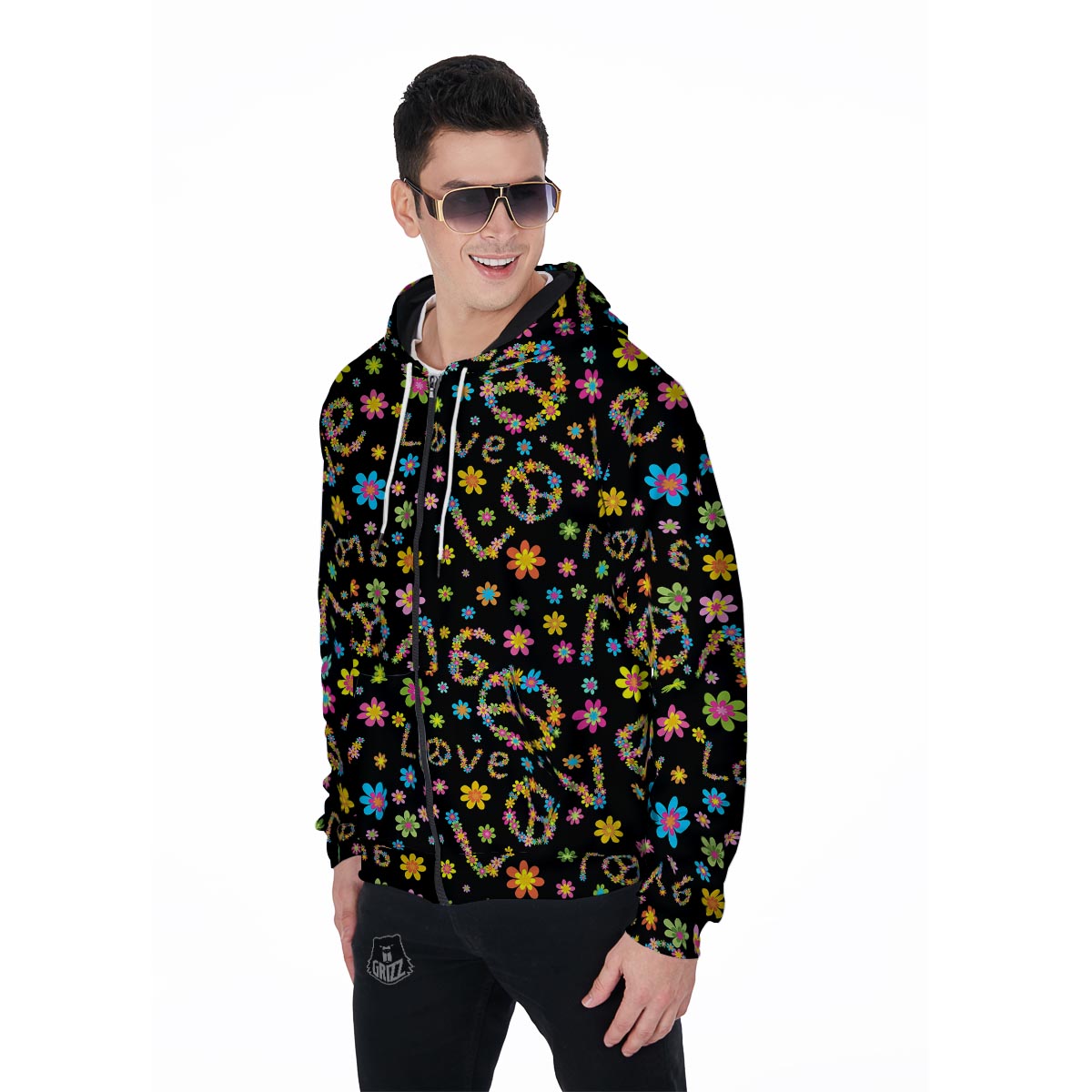 Hippie Love Floral Men's Zip Up Hoodie-grizzshop