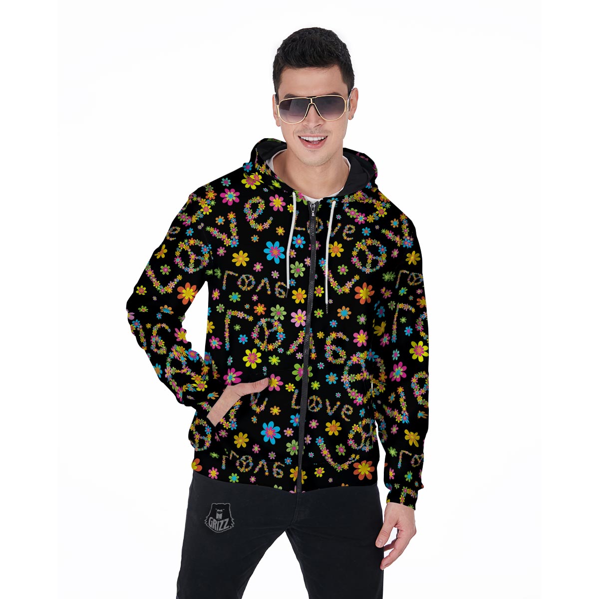 Hippie Love Floral Men's Zip Up Hoodie-grizzshop
