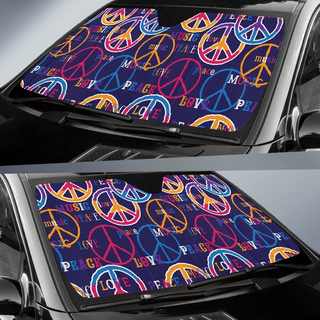 Hippie Music Van Peace Sign Pattern Print Car Sun Shade-grizzshop