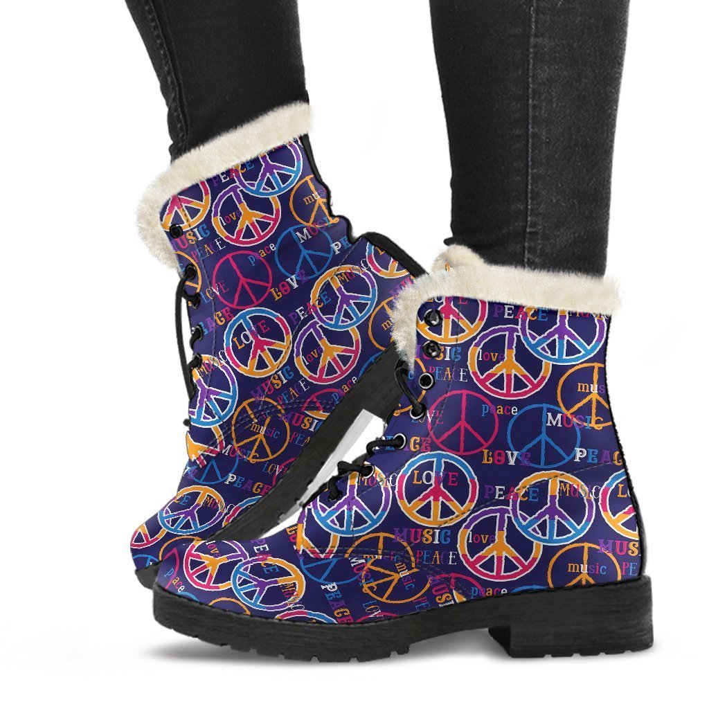 Hippie Music Van Peace Sign Pattern Print Comfy Winter Boots-grizzshop