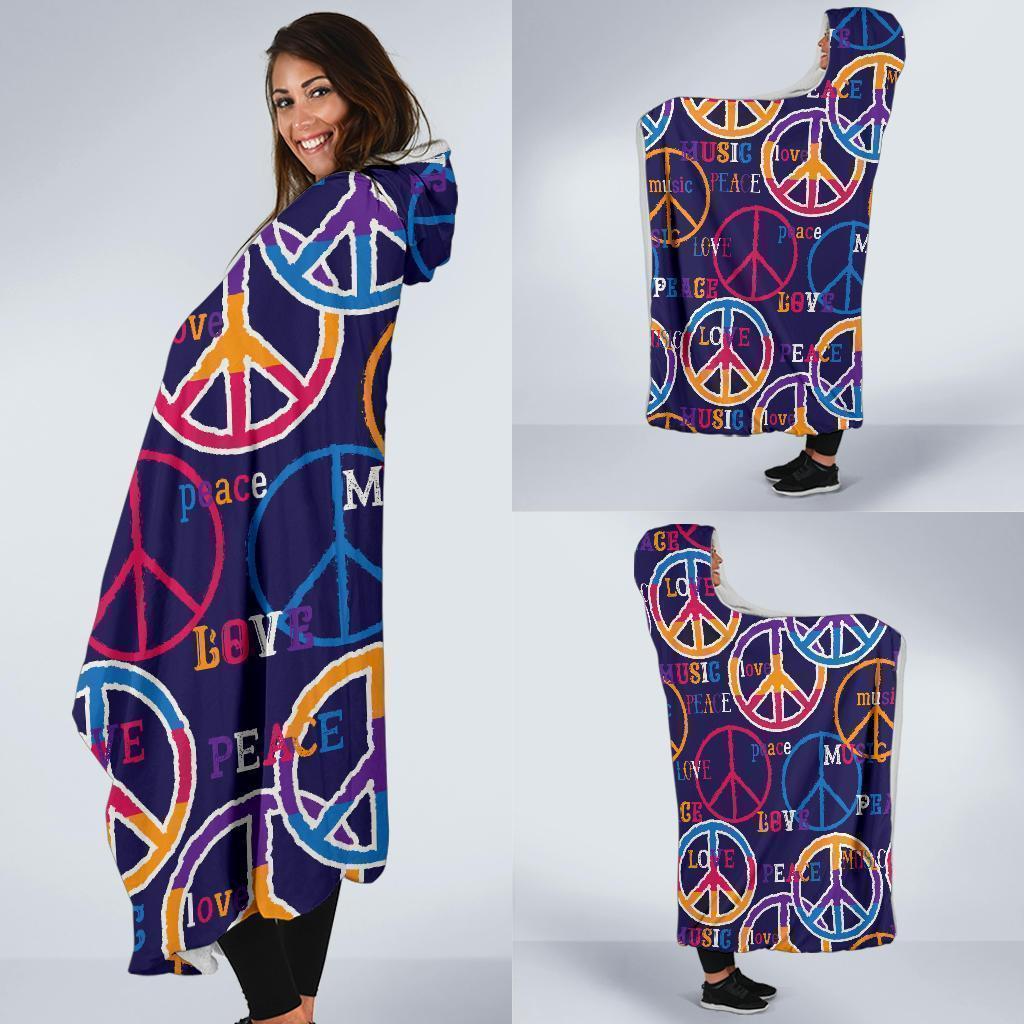 Hippie Music Van Peace Sign Pattern Print Hooded Blanket-grizzshop