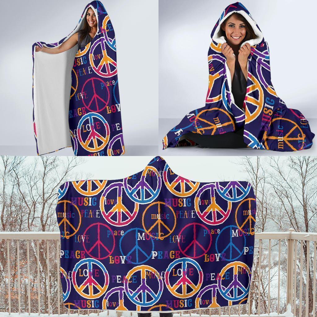 Hippie Music Van Peace Sign Pattern Print Hooded Blanket-grizzshop