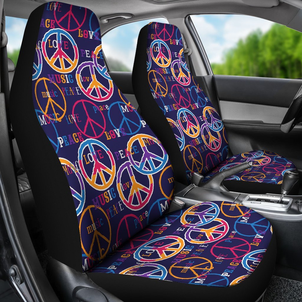 Hippie Music Van Peace Sign Pattern Print Universal Fit Car Seat Cover-grizzshop