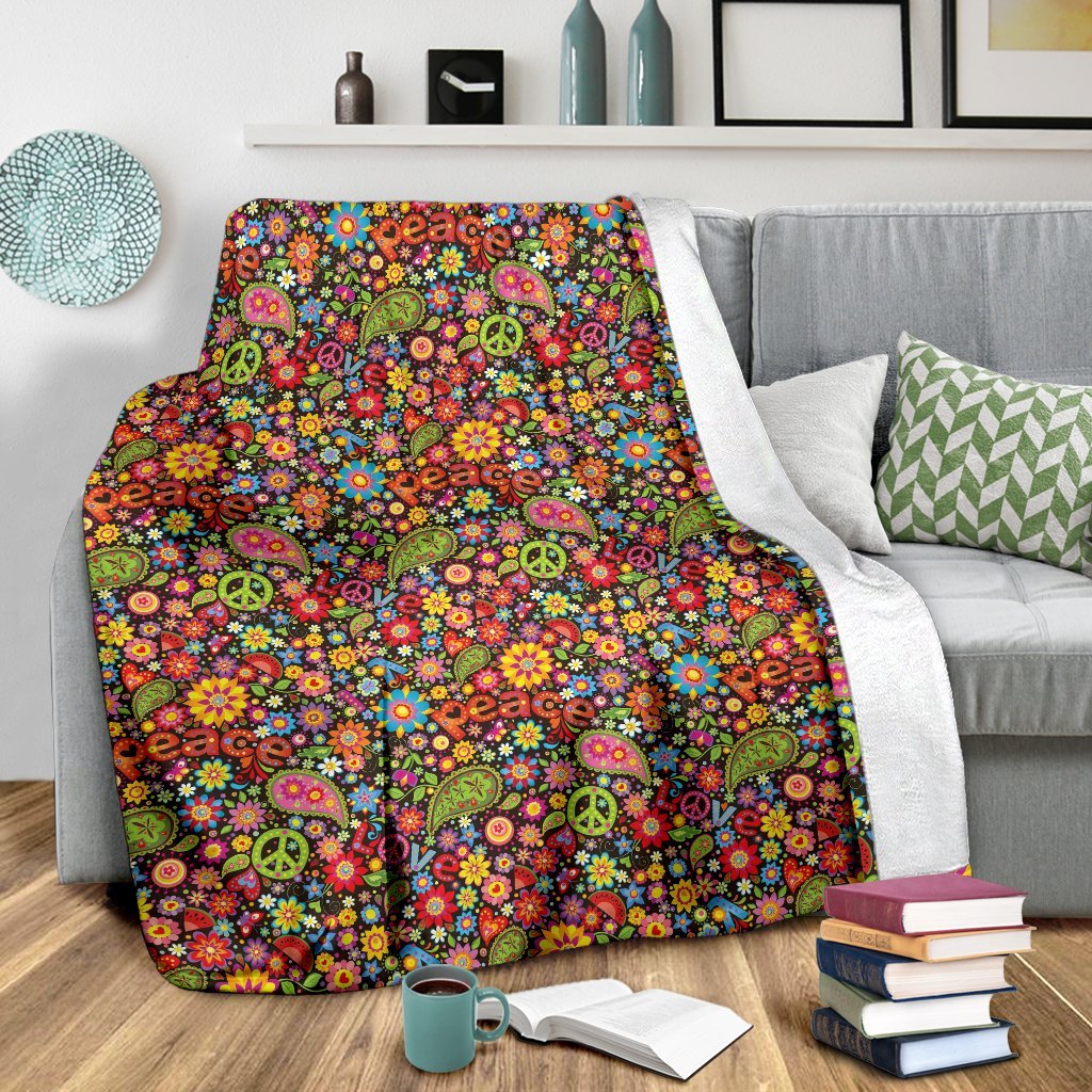 Hippie Paisley Floral Peace Sign Pattern Print Blanket-grizzshop