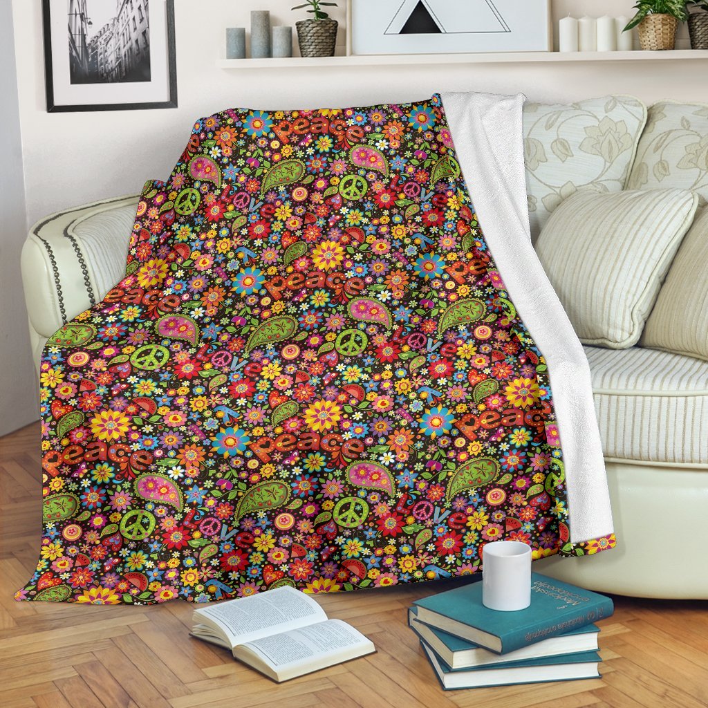 Hippie Paisley Floral Peace Sign Pattern Print Blanket-grizzshop