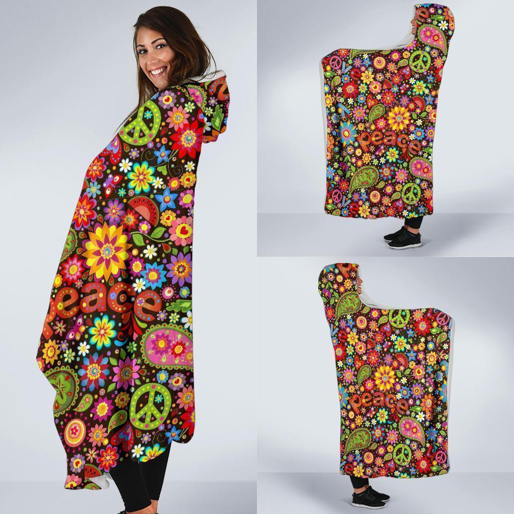 Hippie Paisley Floral Peace Sign Pattern Print Hooded Blanket-grizzshop