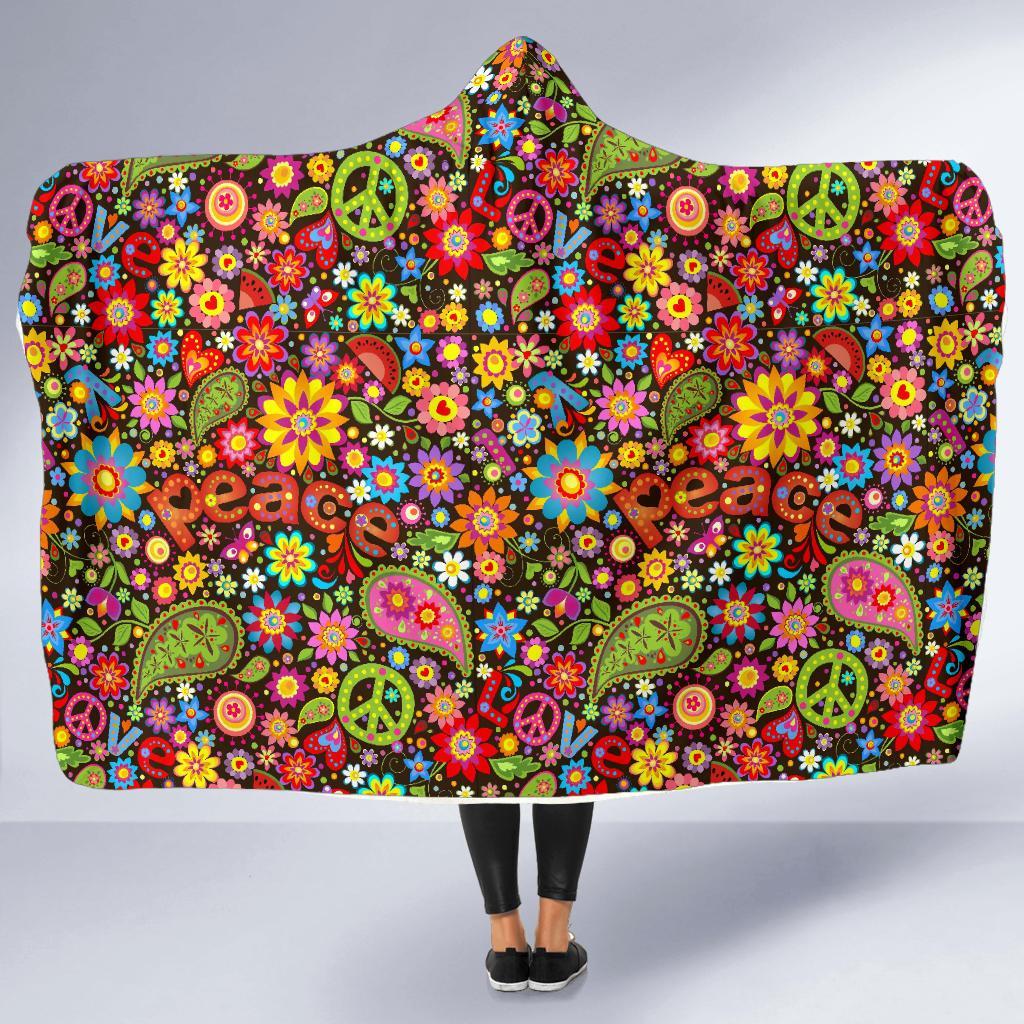 Hippie Paisley Floral Peace Sign Pattern Print Hooded Blanket-grizzshop