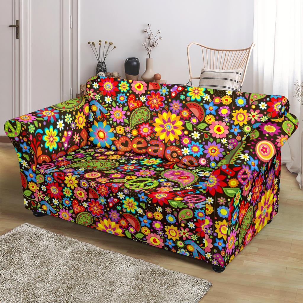 Hippie Paisley Floral Peace Sign Pattern Print Loveseat Cover-grizzshop