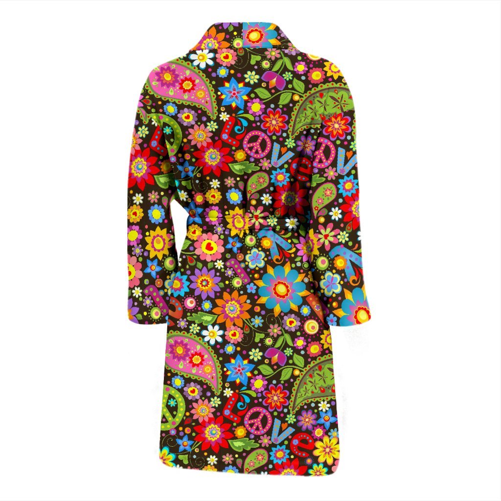 Hippie Paisley Floral Peace Sign Pattern Print Men Long Robe-grizzshop