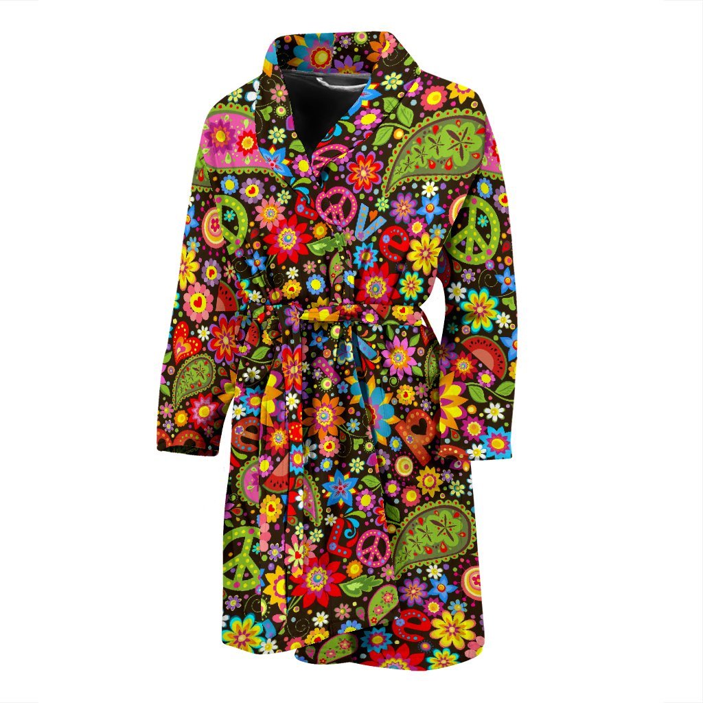 Hippie Paisley Floral Peace Sign Pattern Print Men Long Robe-grizzshop