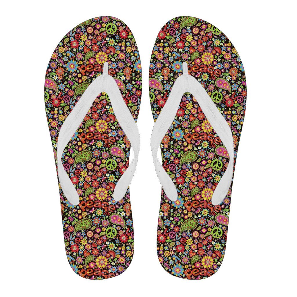 Hippie Paisley Floral Peace Sign Pattern Print Men & Women Flip Flops-grizzshop