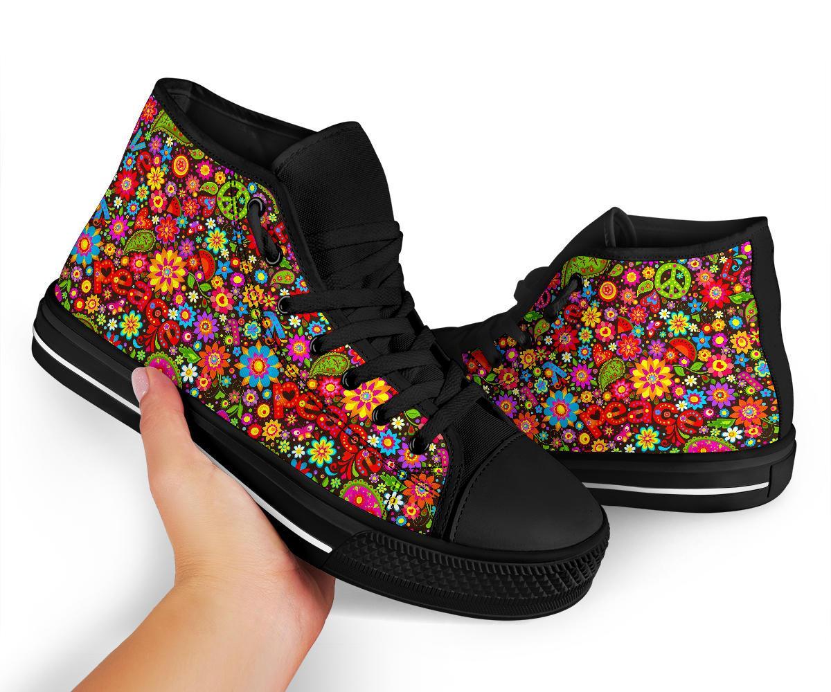 Hippie Paisley Floral Peace Sign Pattern Print Men Women's High Top Shoes-grizzshop