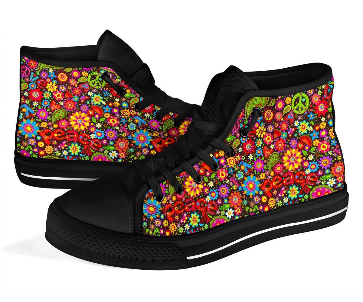 Hippie Paisley Floral Peace Sign Pattern Print Men Women's High Top Shoes-grizzshop