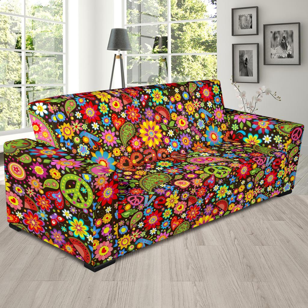 Hippie Paisley Floral Peace Sign Pattern Print Sofa Covers-grizzshop