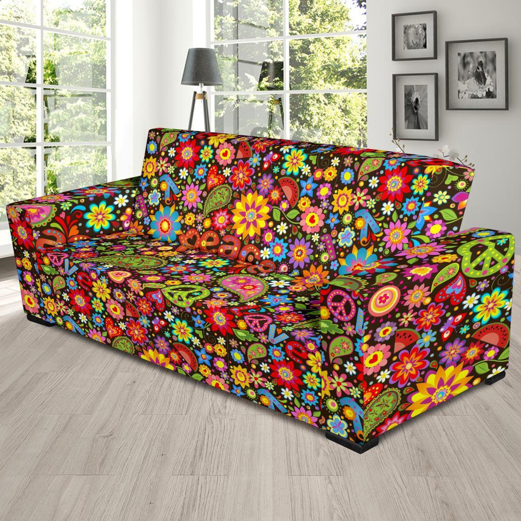 Hippie Paisley Floral Peace Sign Pattern Print Sofa Covers-grizzshop