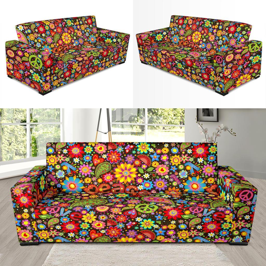 Hippie Paisley Floral Peace Sign Pattern Print Sofa Covers-grizzshop