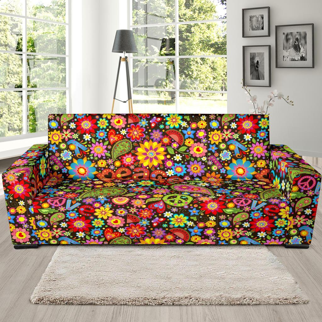 Hippie Paisley Floral Peace Sign Pattern Print Sofa Covers-grizzshop