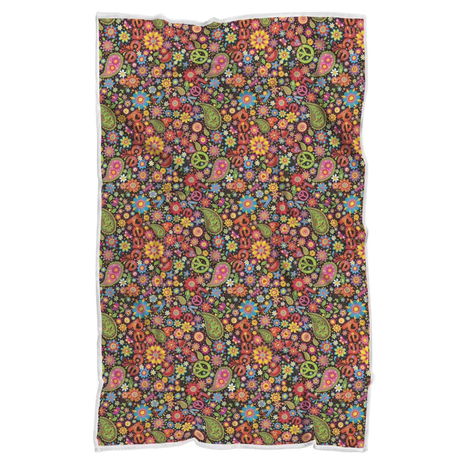 Hippie Paisley Floral Peace Sign Pattern Print Throw Blanket-grizzshop