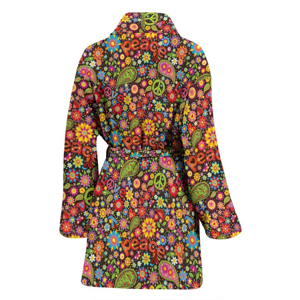 Hippie Paisley Floral Peace Sign Pattern Print Women Long Robe-grizzshop
