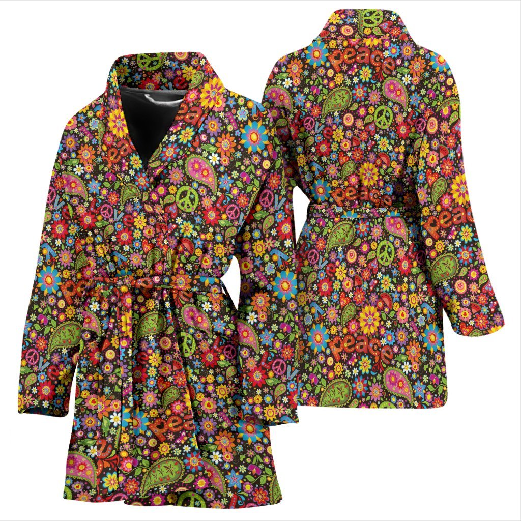 Hippie Paisley Floral Peace Sign Pattern Print Women Long Robe-grizzshop