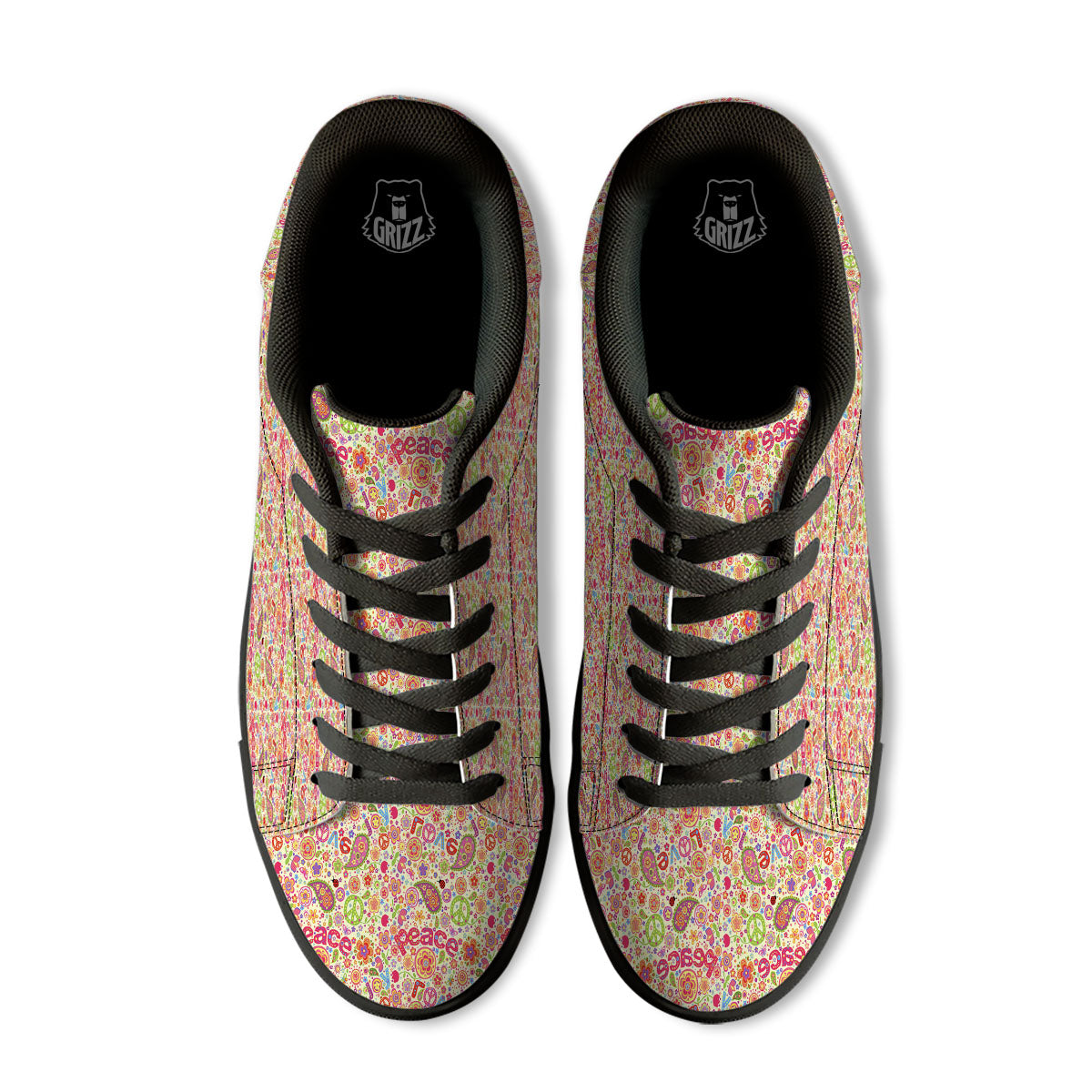 Hippie Peace Groovy Print Pattern Black Low Top Sneakers-grizzshop