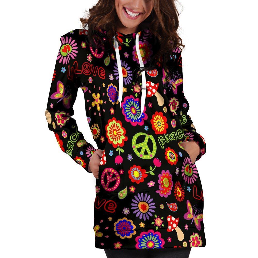 Hippie Peace Print Hoodie Dress-grizzshop