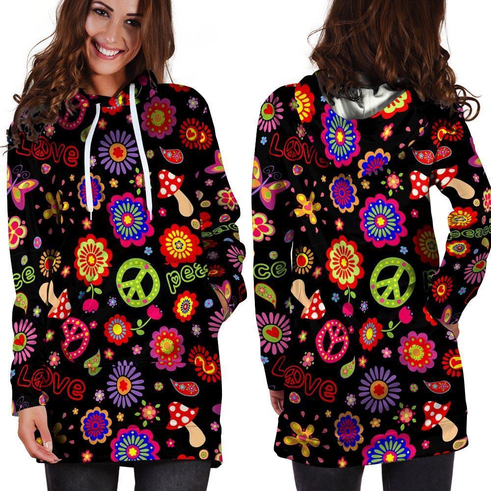 Hippie Peace Print Hoodie Dress-grizzshop