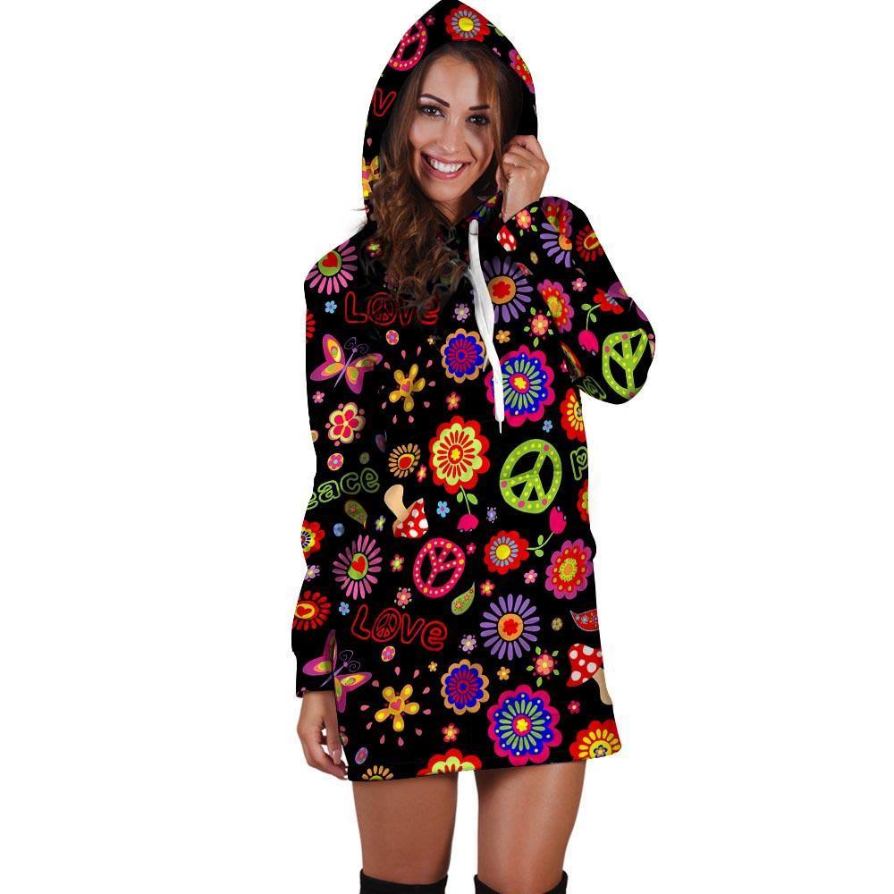 Hippie Peace Print Hoodie Dress-grizzshop