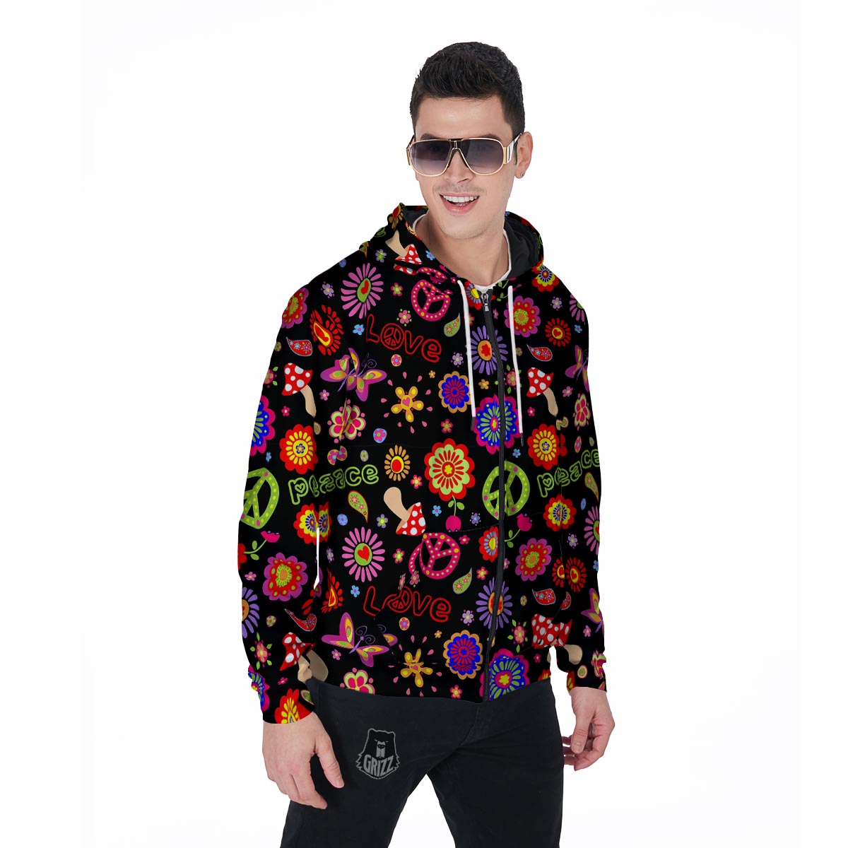 Hippie Peace Print Men's Zip Up Hoodie-grizzshop