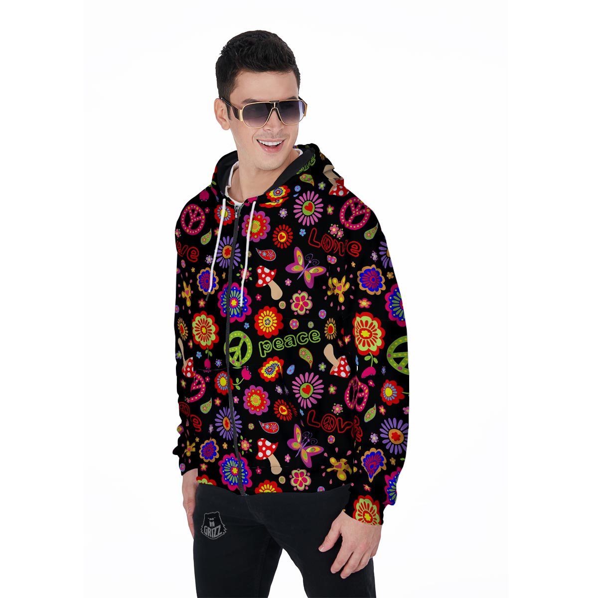 Hippie Peace Print Men's Zip Up Hoodie-grizzshop