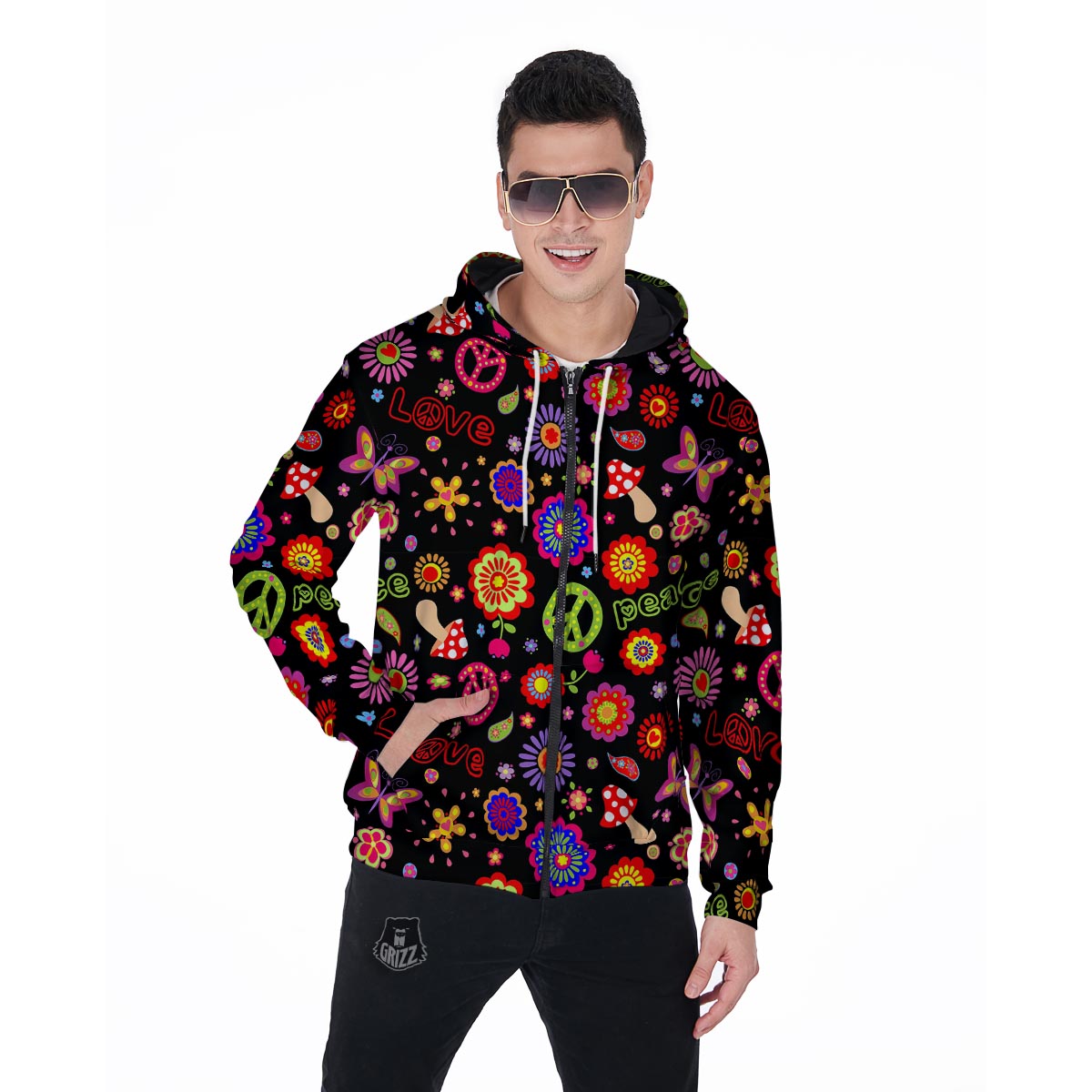 Hippie Peace Print Men's Zip Up Hoodie-grizzshop