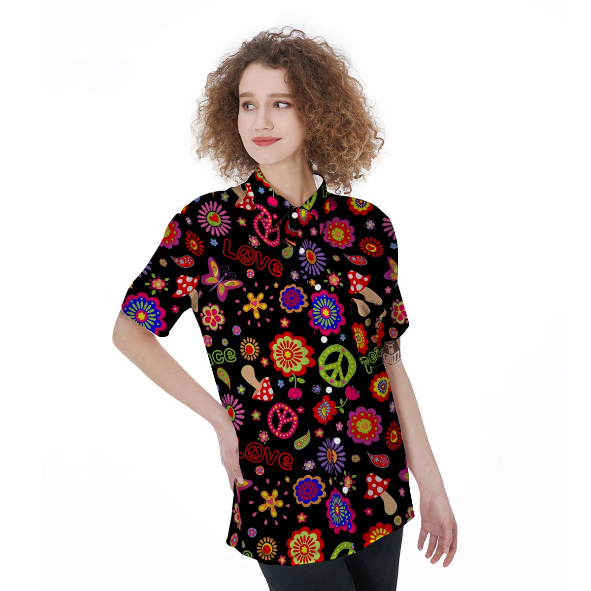 Hippie Peace Print Women's Short Sleeve Shirts-grizzshop