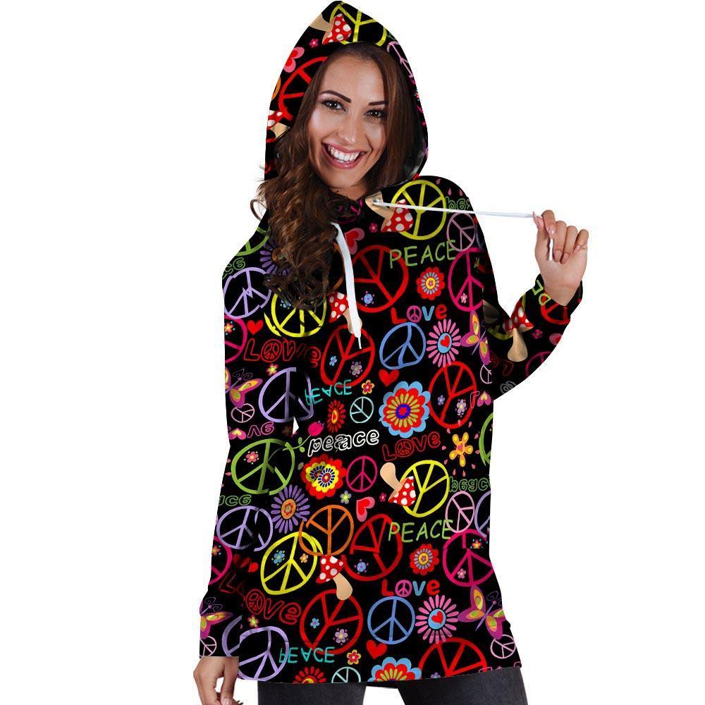 Hippie Peace Sign Hoodie Dress-grizzshop