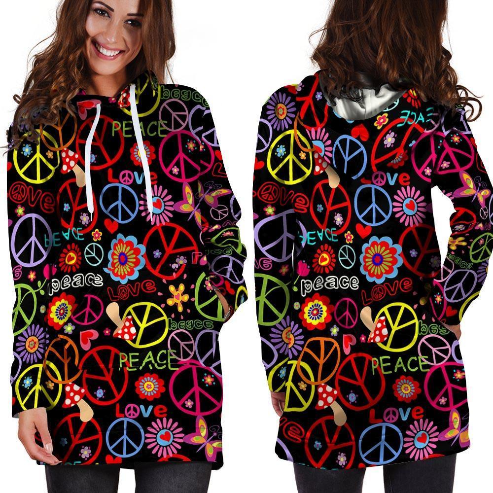 Hippie Peace Sign Hoodie Dress-grizzshop