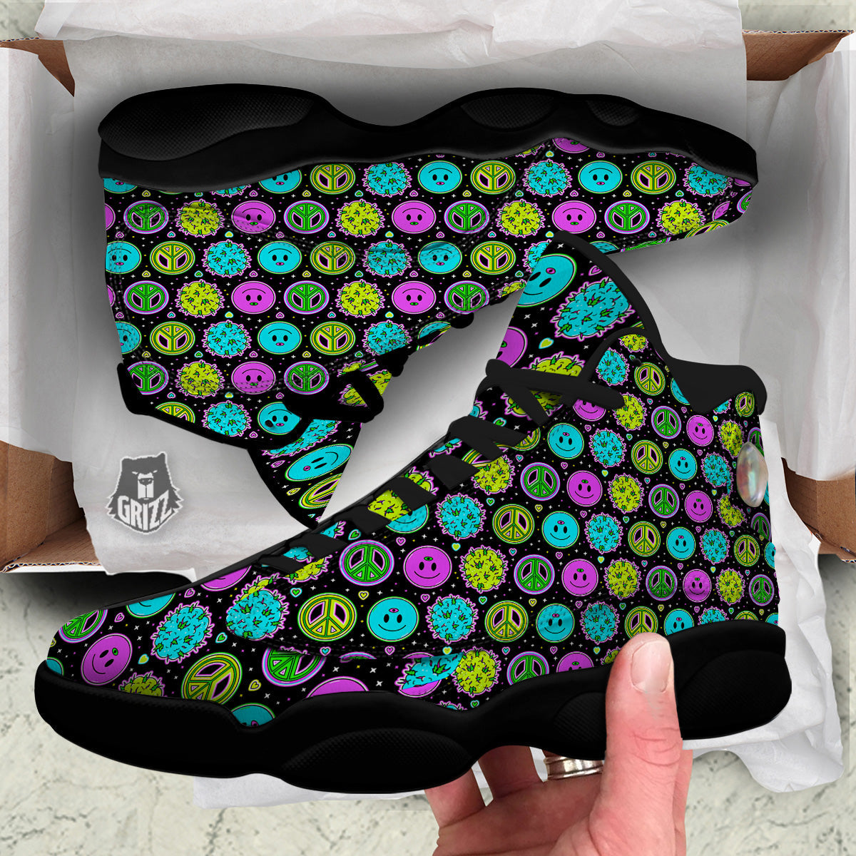 Hippie Peace Symbol And Weed Print Pattern Black Basketball Shoes-grizzshop