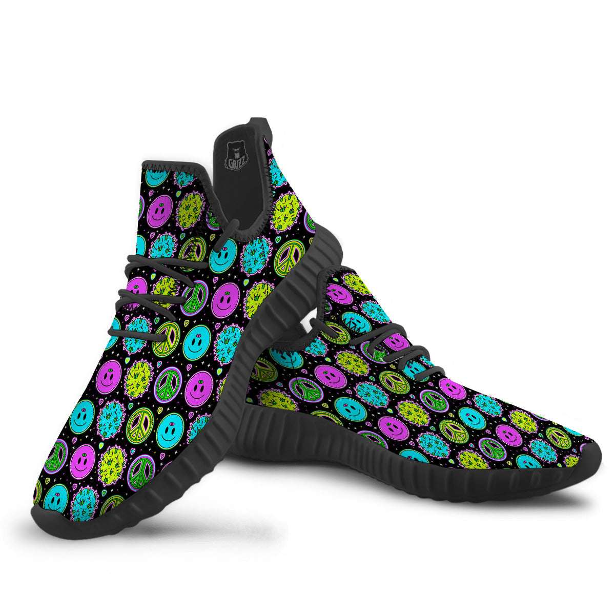 Hippie Peace Symbol And Weed Print Pattern Black Walking Shoes-grizzshop