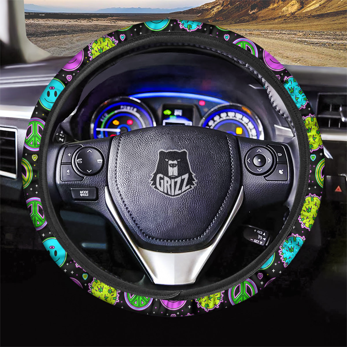 Hippie Peace Symbol And Weed Print Pattern Car Steering Wheel Cover-grizzshop