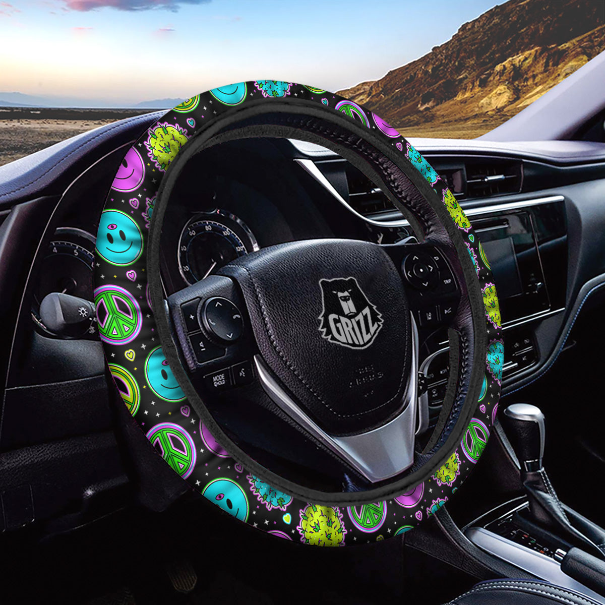Hippie Peace Symbol And Weed Print Pattern Car Steering Wheel Cover-grizzshop