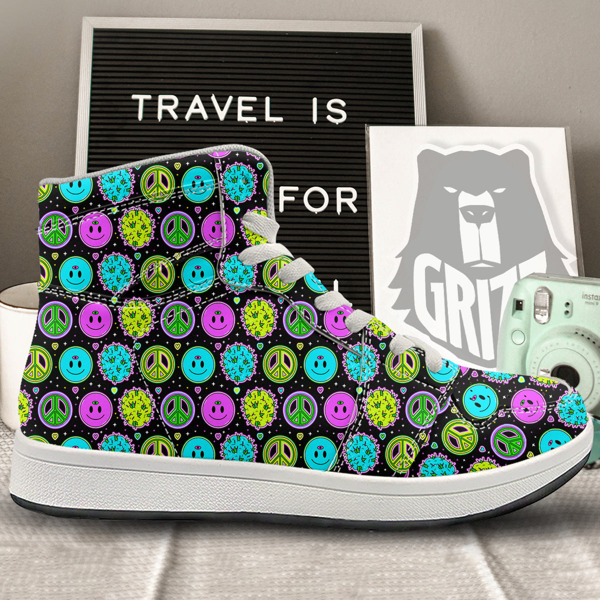 Hippie Peace Symbol And Weed Print Pattern High Top Sneakers-grizzshop