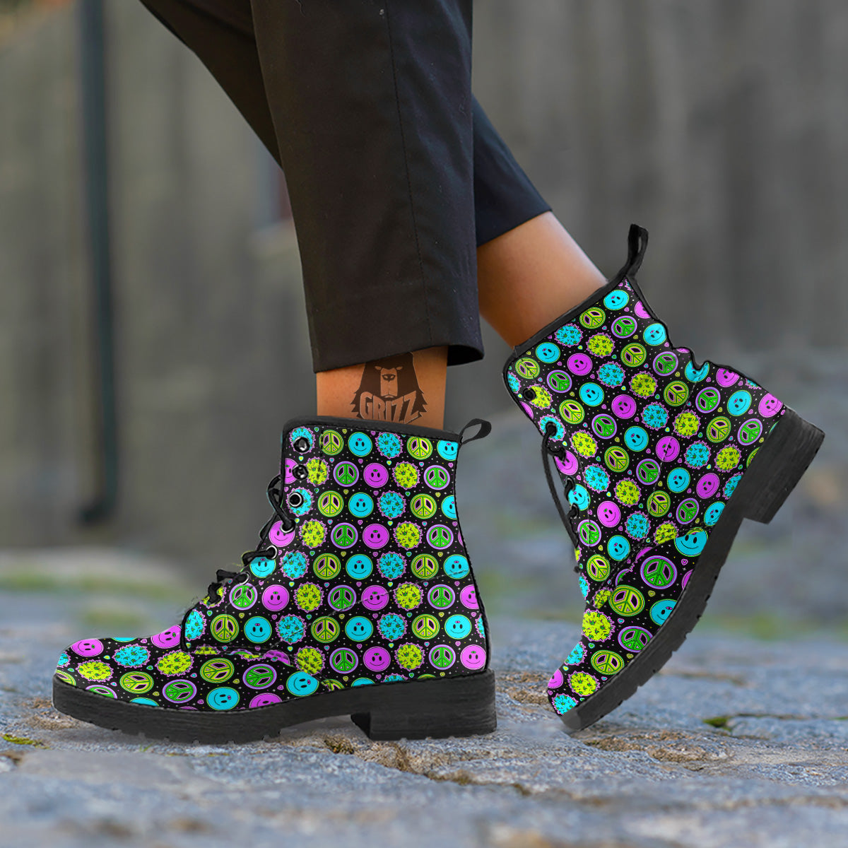 Hippie Peace Symbol And Weed Print Pattern Leather Boots-grizzshop