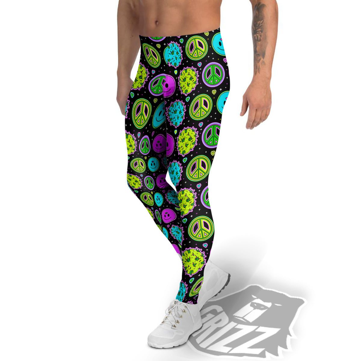 Hippie Peace Symbol And Weed Print Pattern Men's Leggings-grizzshop