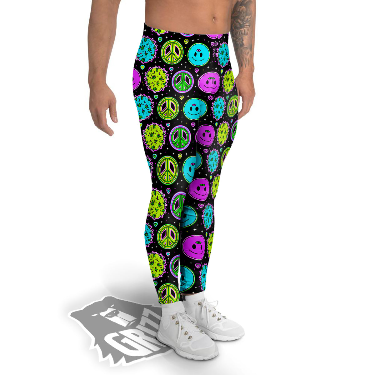 Hippie Peace Symbol And Weed Print Pattern Men's Leggings-grizzshop