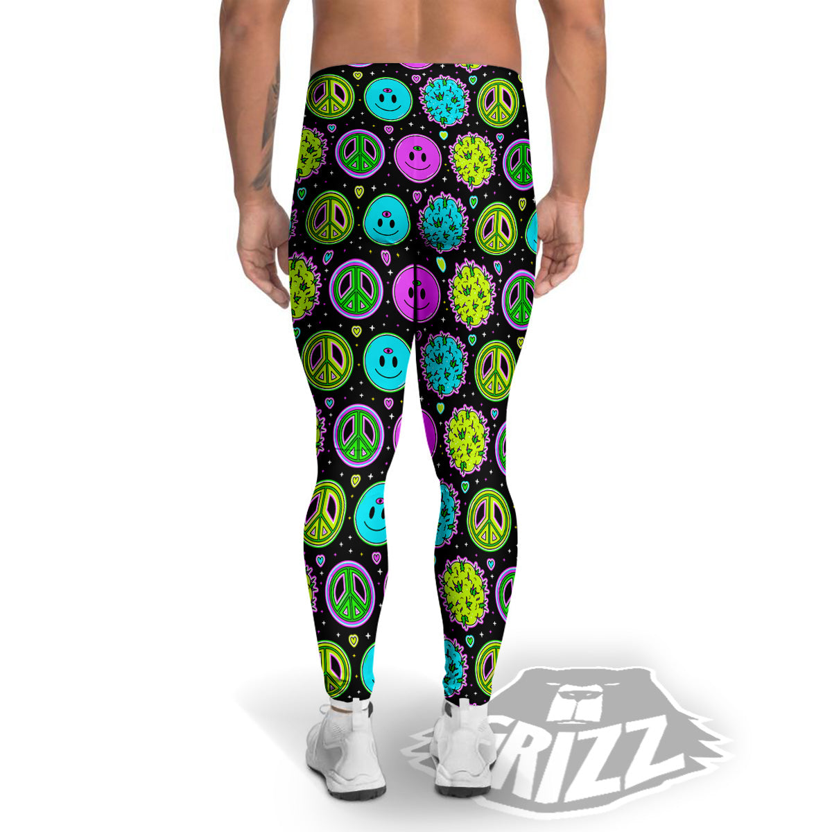 Hippie Peace Symbol And Weed Print Pattern Men's Leggings-grizzshop