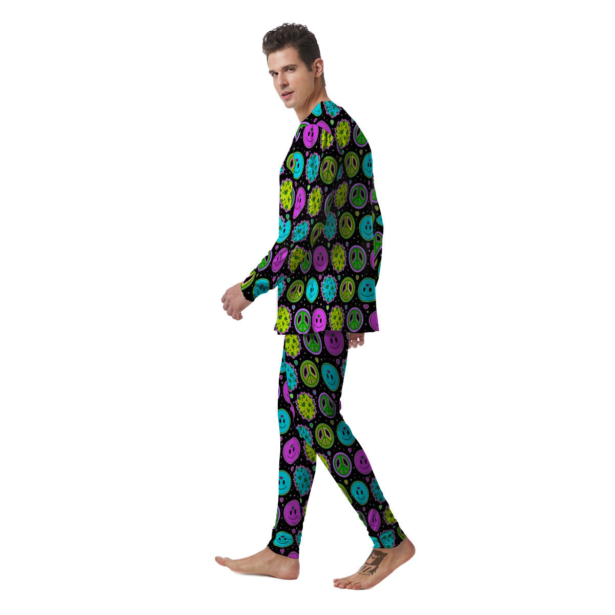 Hippie Peace Symbol And Weed Print Pattern Men's Pajamas-grizzshop