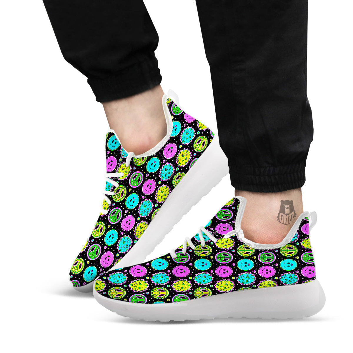 Hippie Peace Symbol And Weed Print Pattern White Athletic Shoes-grizzshop