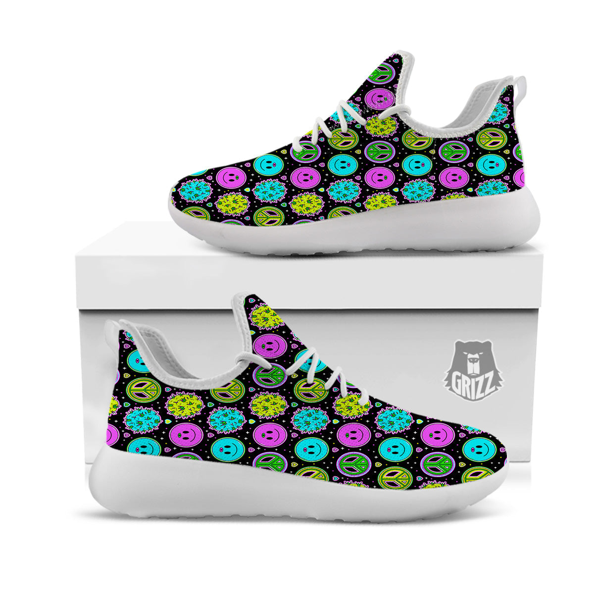 Hippie Peace Symbol And Weed Print Pattern White Athletic Shoes-grizzshop