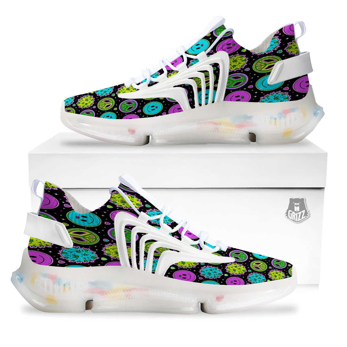Hippie Peace Symbol And Weed Print Pattern White Gym Shoes-grizzshop